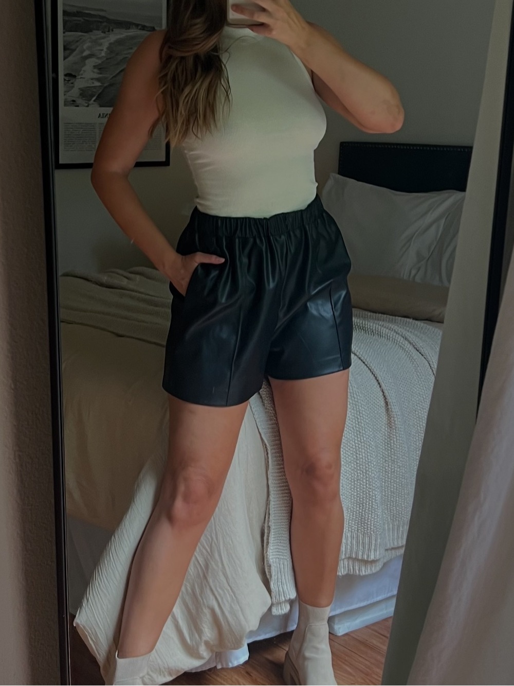 Topshop Black Faux Leather Elastic-Waist Women’s Shorts
